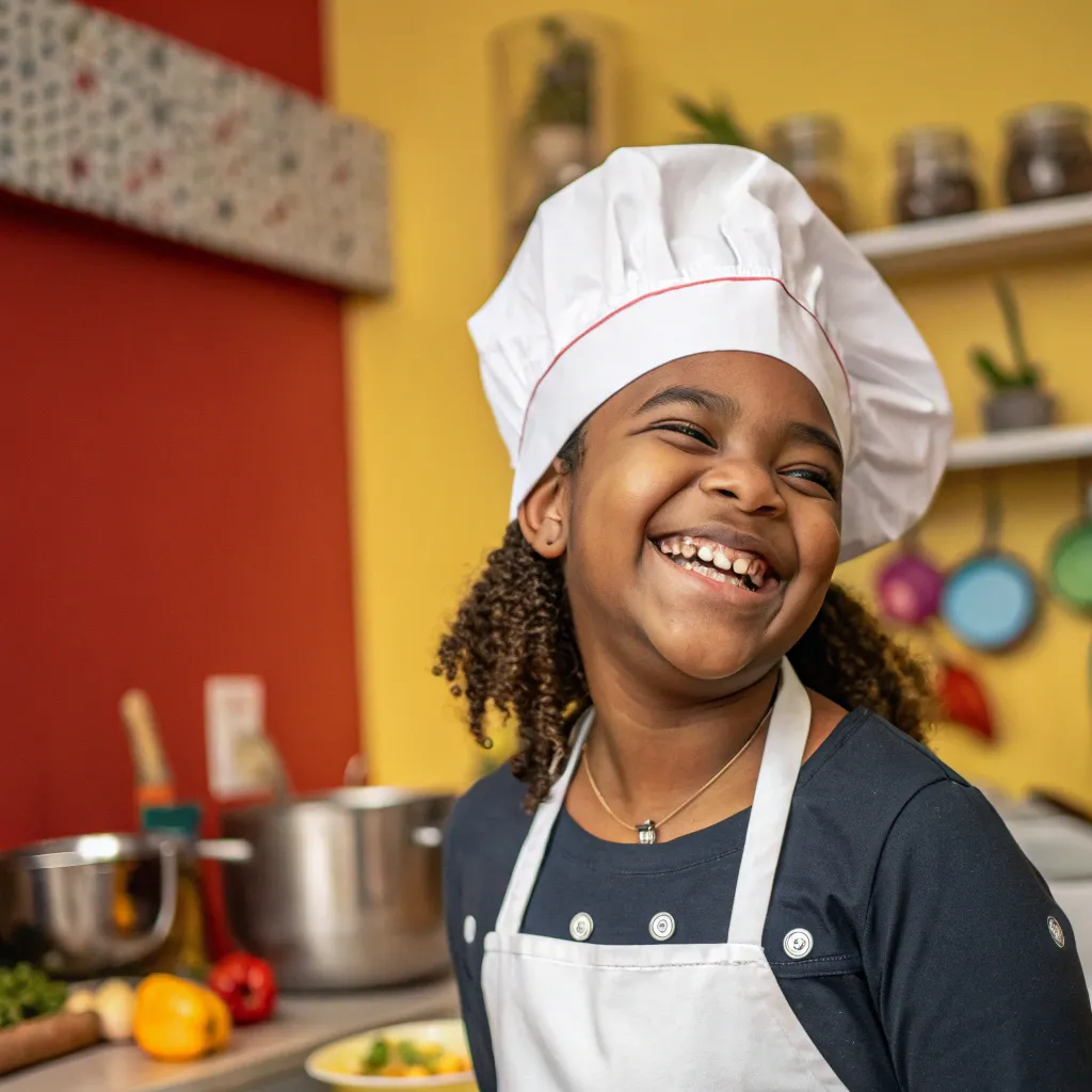 A joyful participant with a chef hat